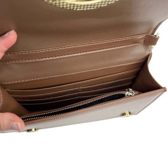 Faux Leather Brown Structured Gold Tone Horseshoe Chain Purse - Picture 7 of 13